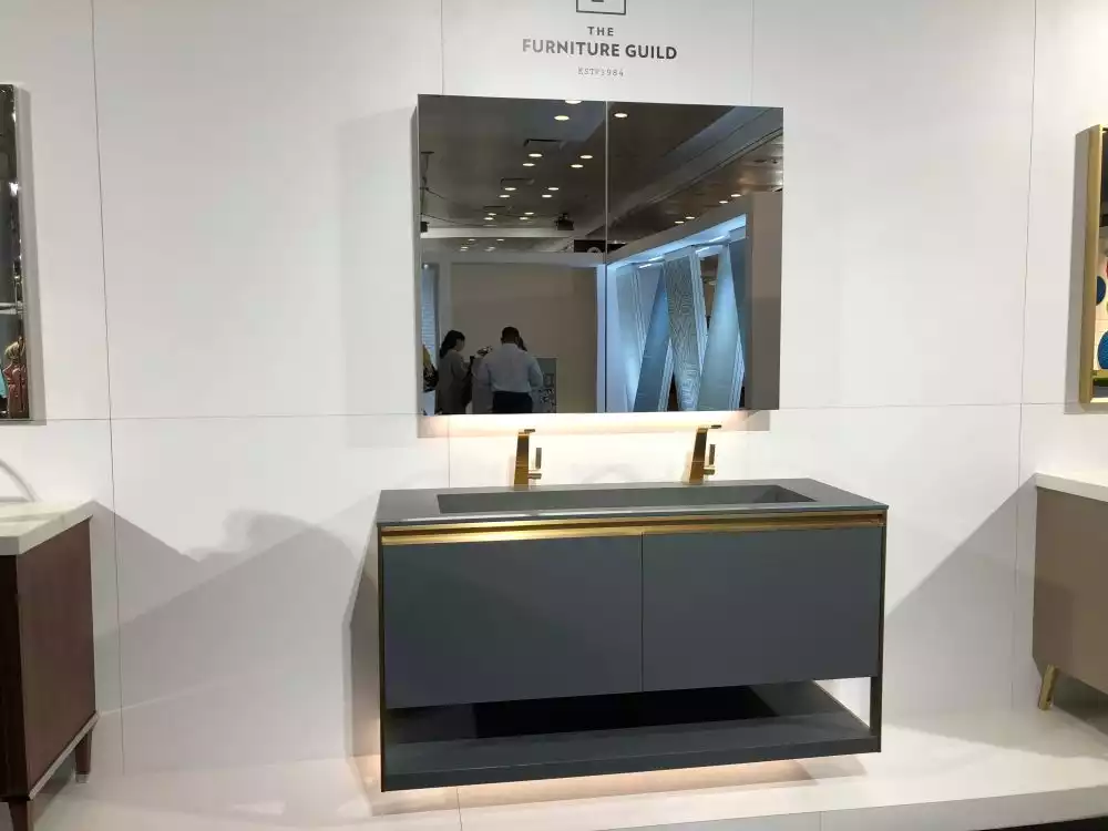 Bathroom vanity with a blue shade