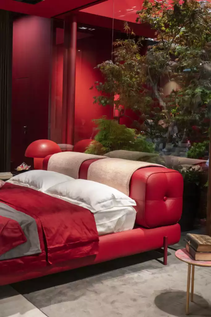 Red bedroom color- upholstered bed