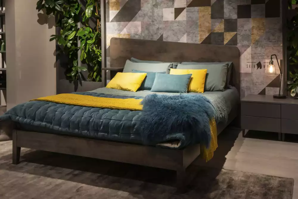 An asymmetrical couple's bedroom