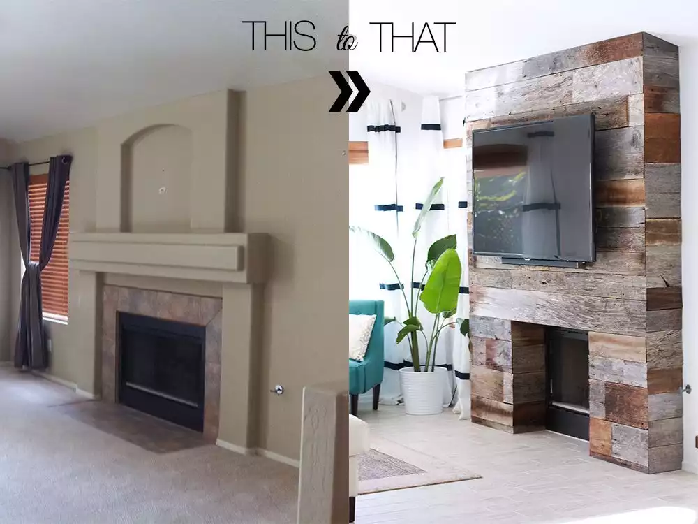 Before and after wood fireplace makeover