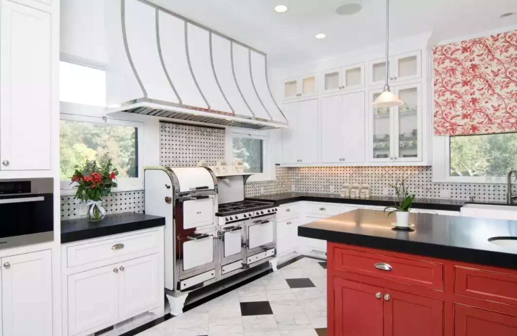 Black and white kitchen decor with pops of red