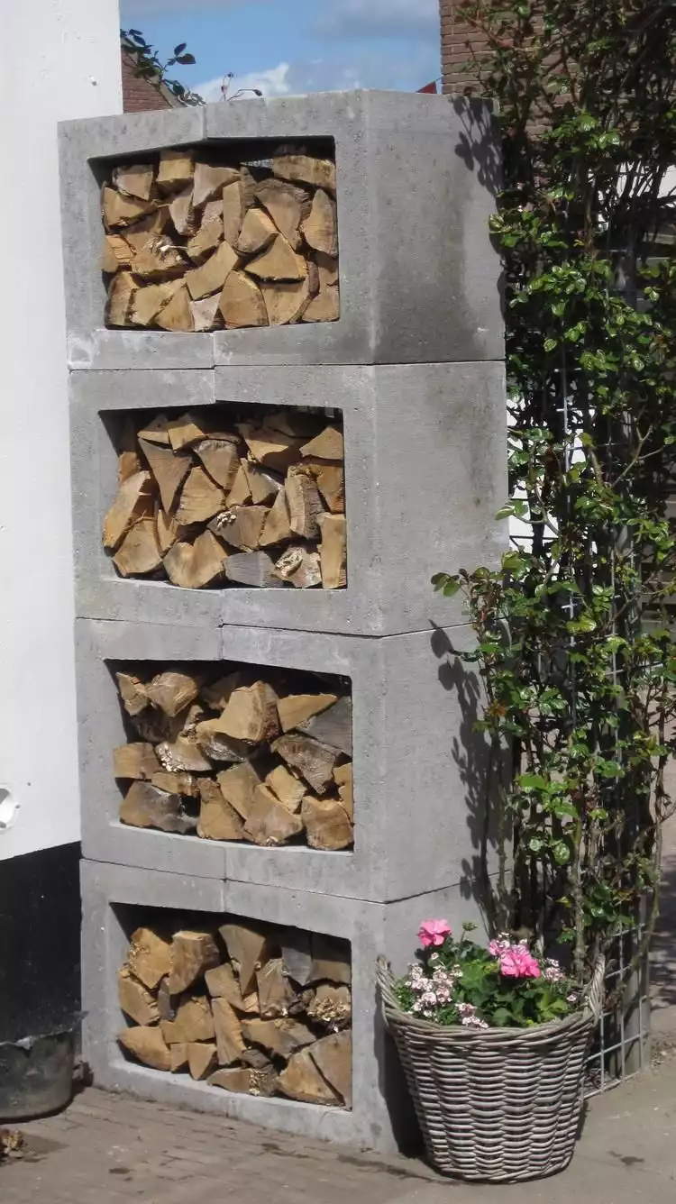 Concrete cinder stacked firewood storage