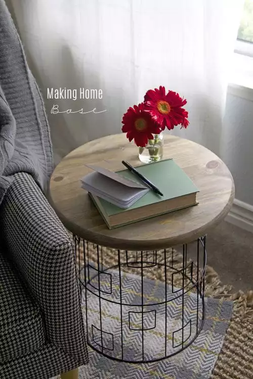 Handmade design featuring a wire basket as a base