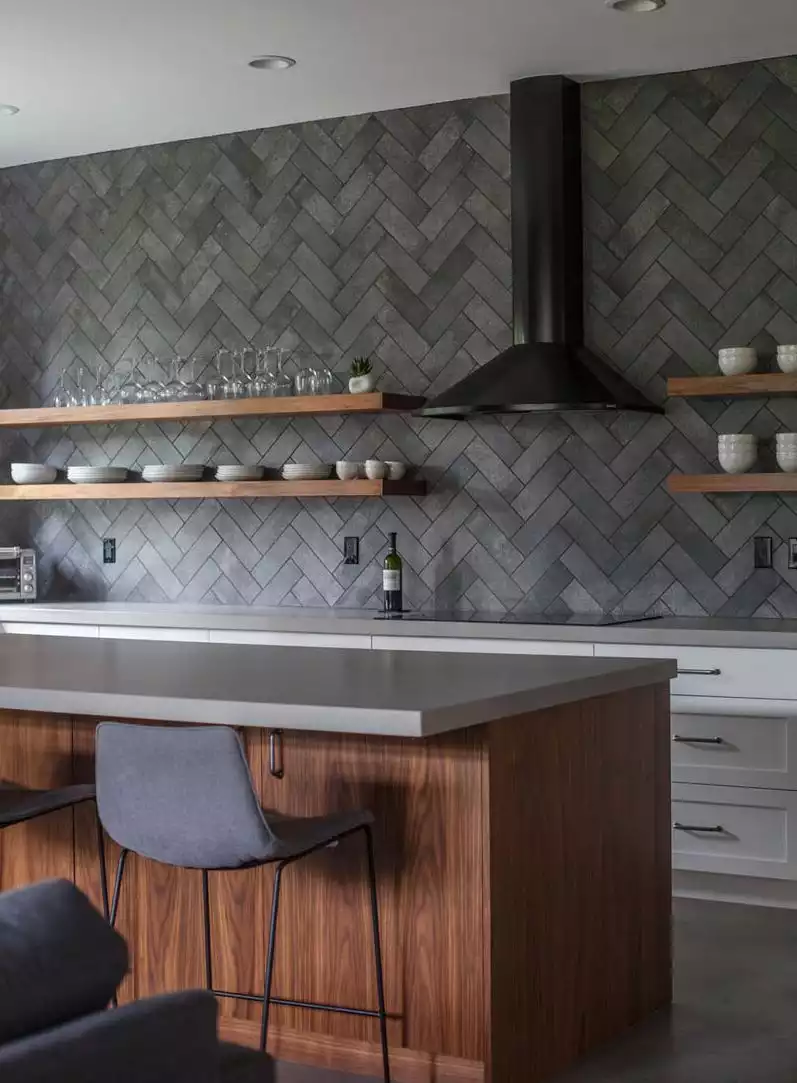 Dark grey kitchen herringbone pattern for backsplash