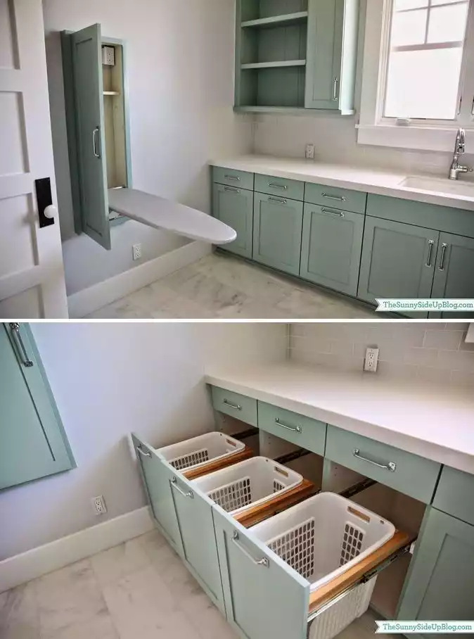 Drop down iron board and pull out baskets