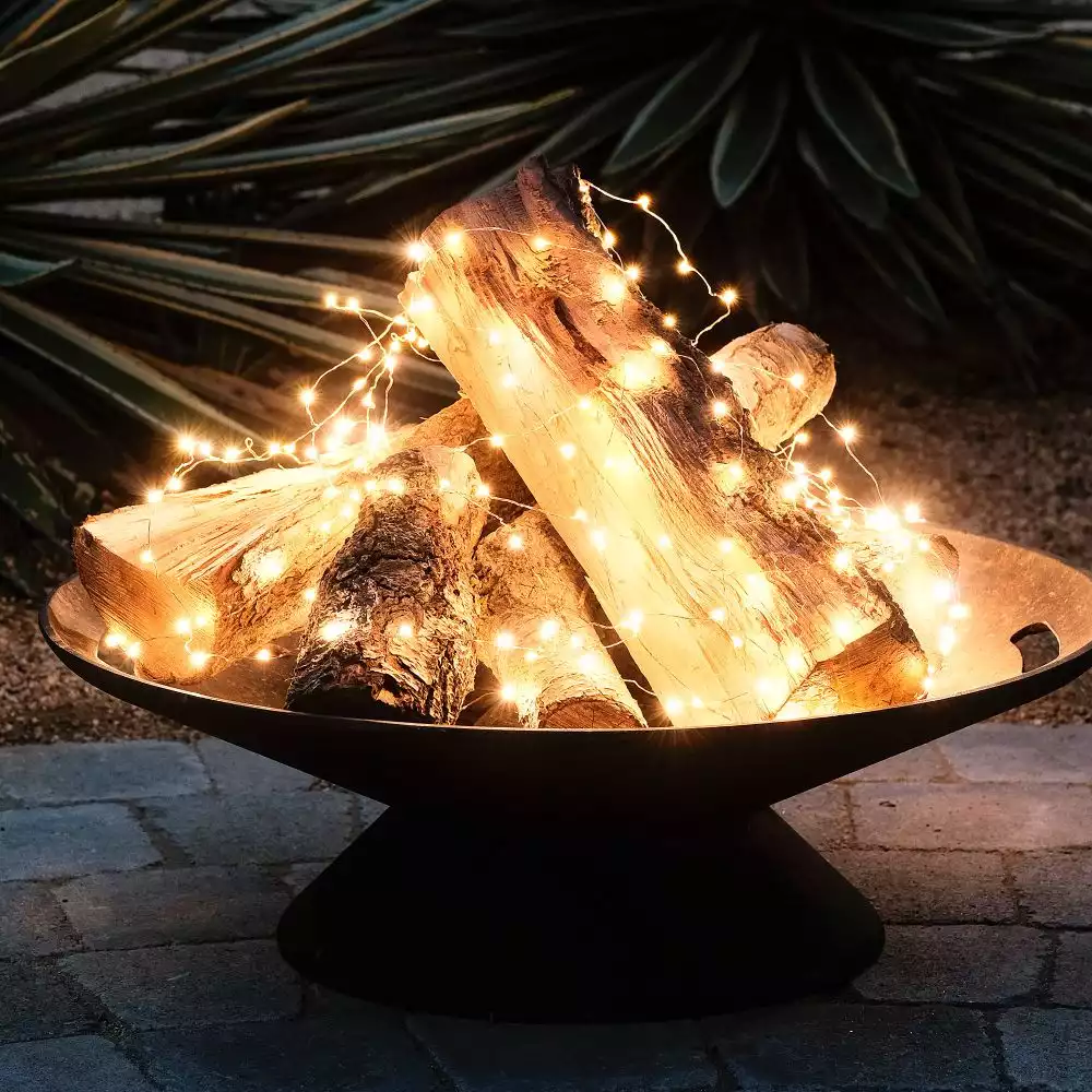 Fake firepit design with string lights
