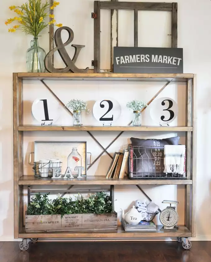 Farmhouse-inspired bookcase on wheels