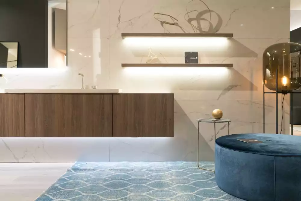 Floor to ceiling Carrara Marble walls