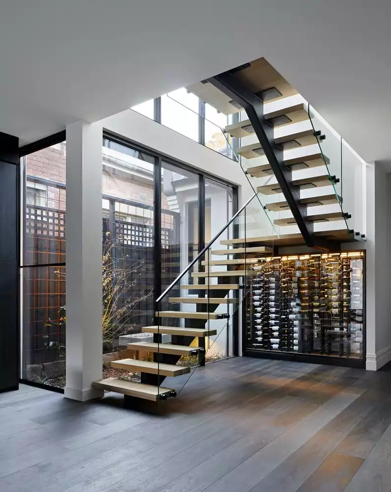 Glass balustrade for staircase and wine cellar
