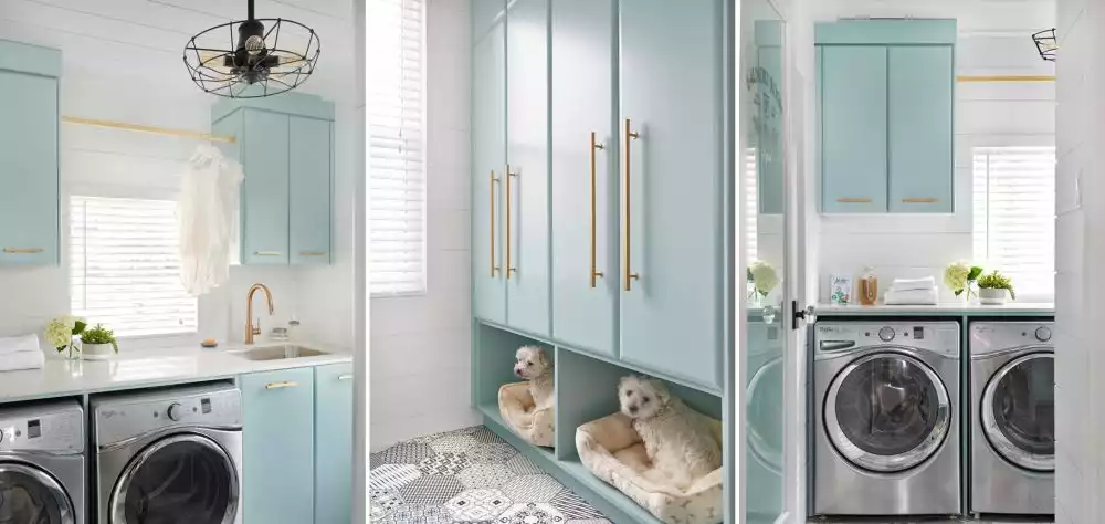 Gloss finish turquouise cabinets with brass accents