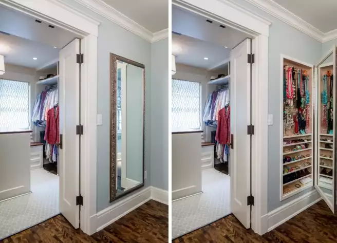 Hidden storage for jewelry behind mirror