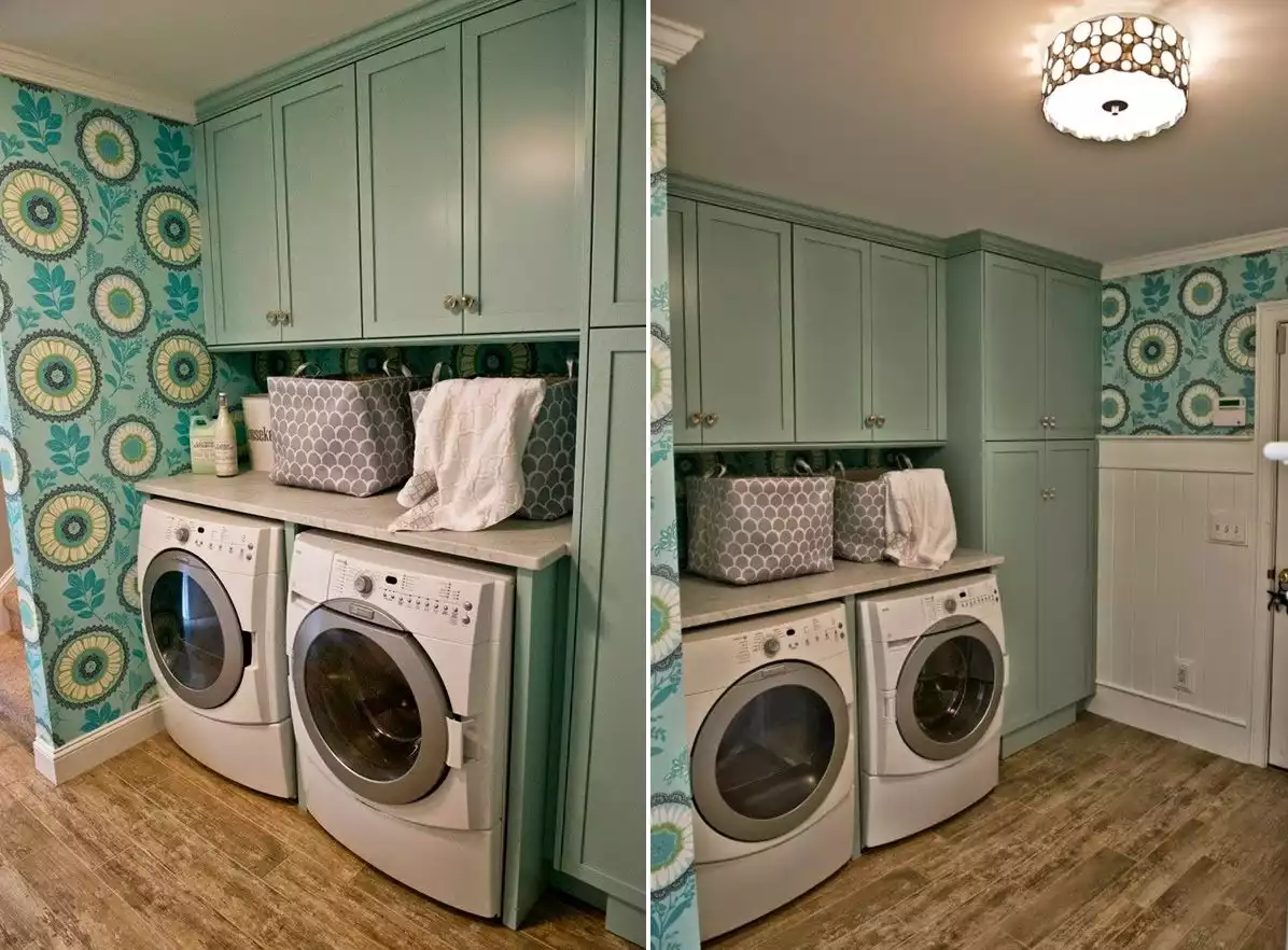 Laundry room with wallpaper on the walls