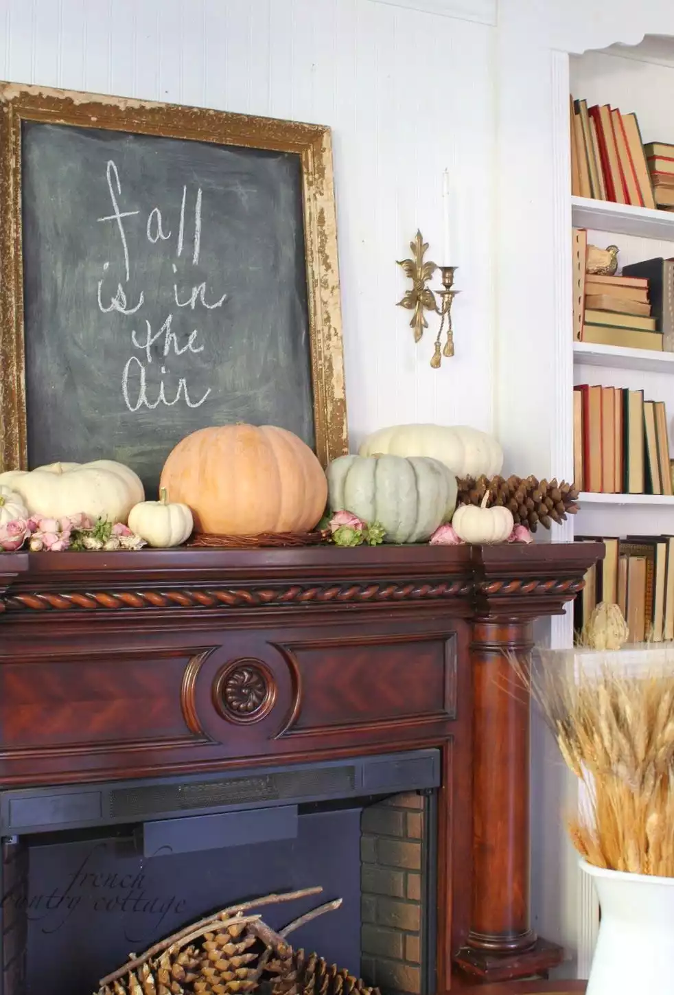 Mantel with Pumpkins and Vintage Chalkboard