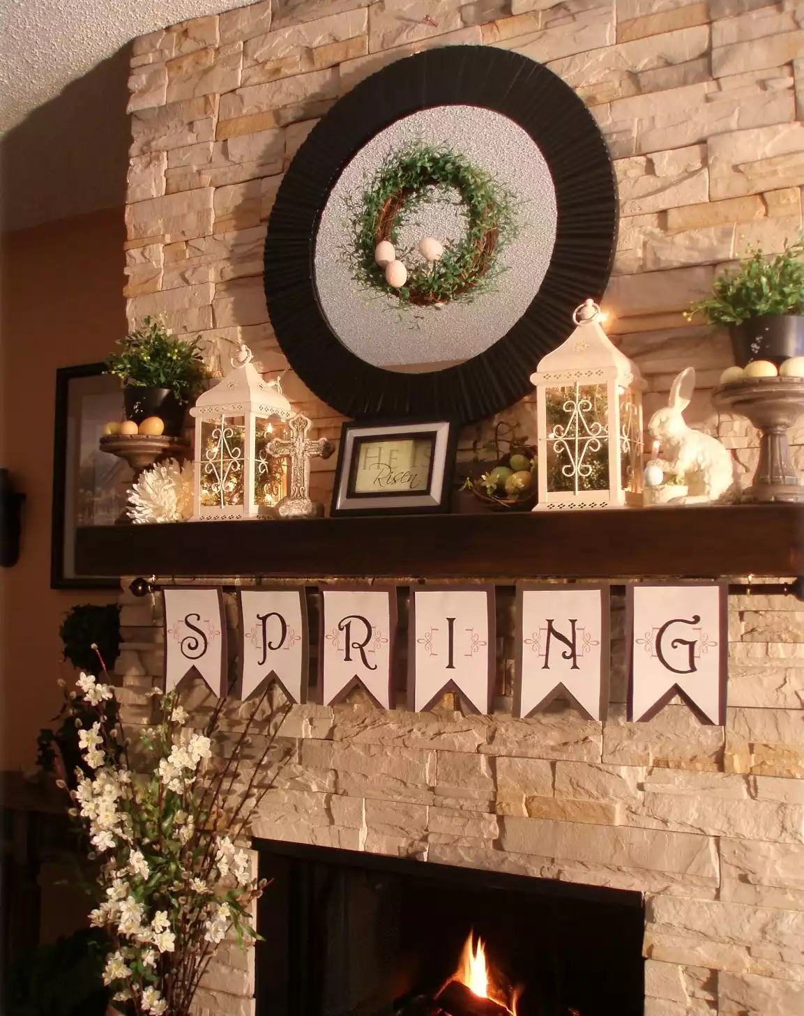 hang a banner on the fireplace mantel shelf