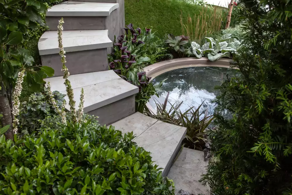 Modern stairs closer to water fountain