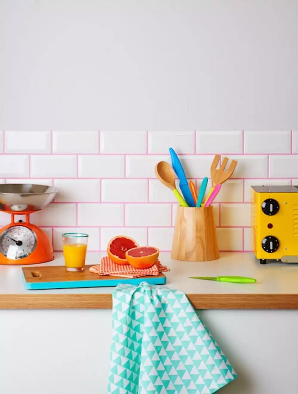 Modern subway tiles with pink grout