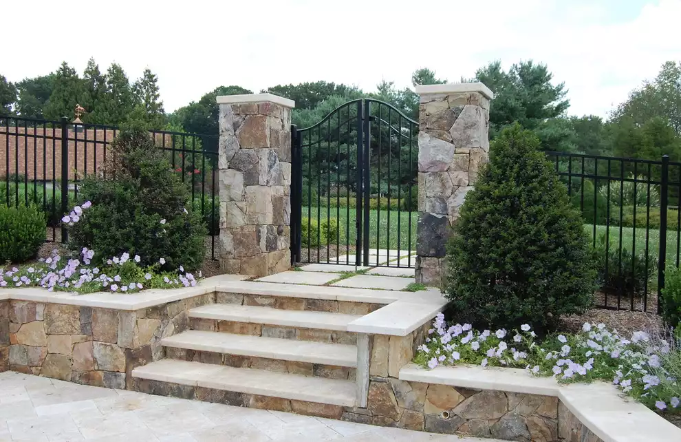 Stone Retaining Wall with Travertine Wall Caps