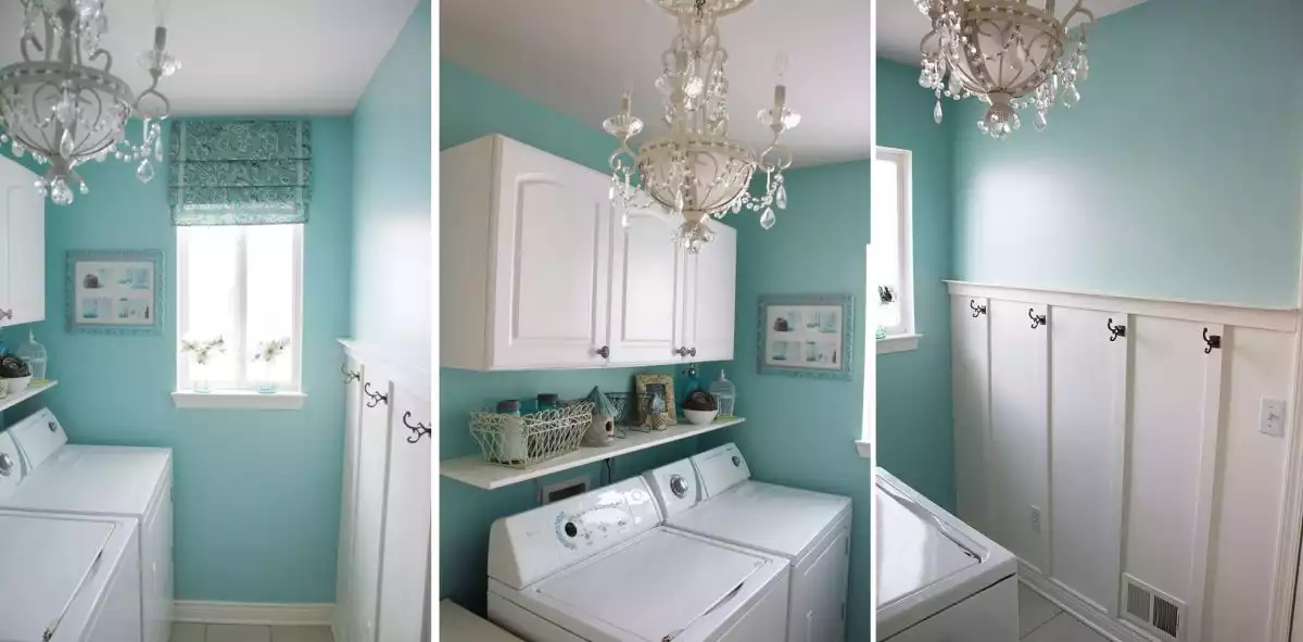 Turquouise wall painting for laundry room and small chandelier