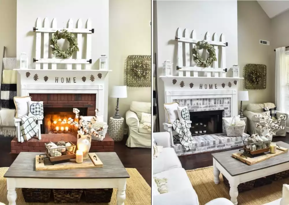 White washed brick fireplace decor