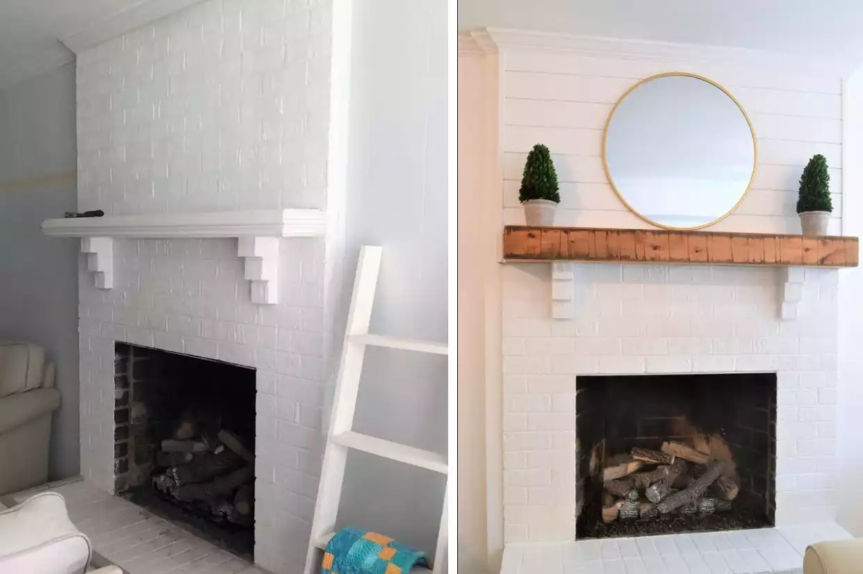 Wood mantel fireplace makeover