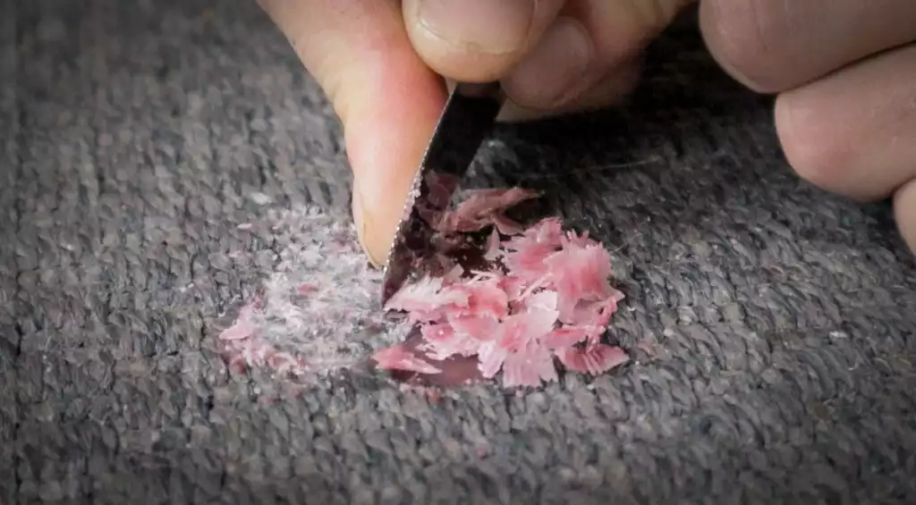 scraping candle wax from carpet with a butter knife