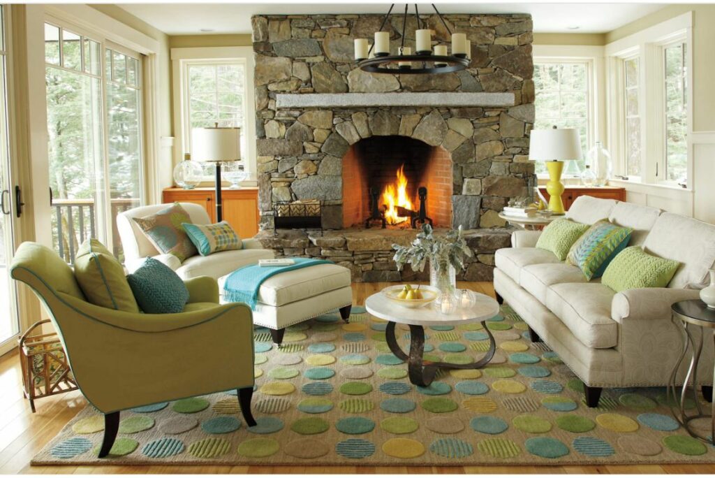 3d living room rug with raised circles in green and blue and yellow 1024x684