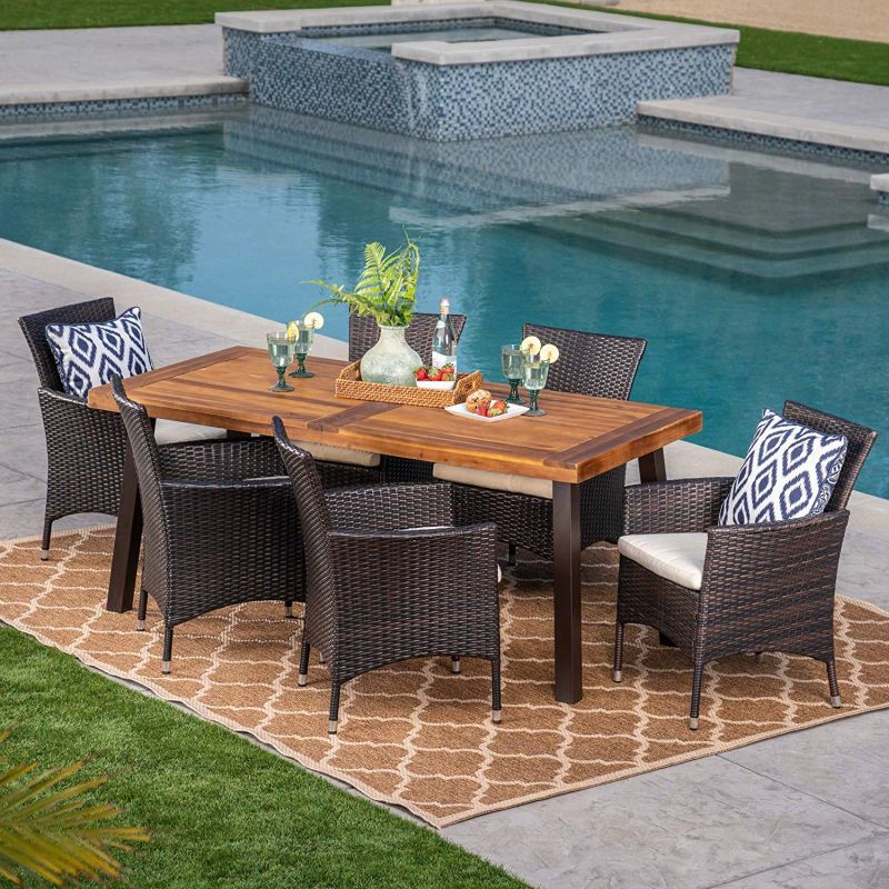 7-Piece Acacia Wood and Wicker Dining Set