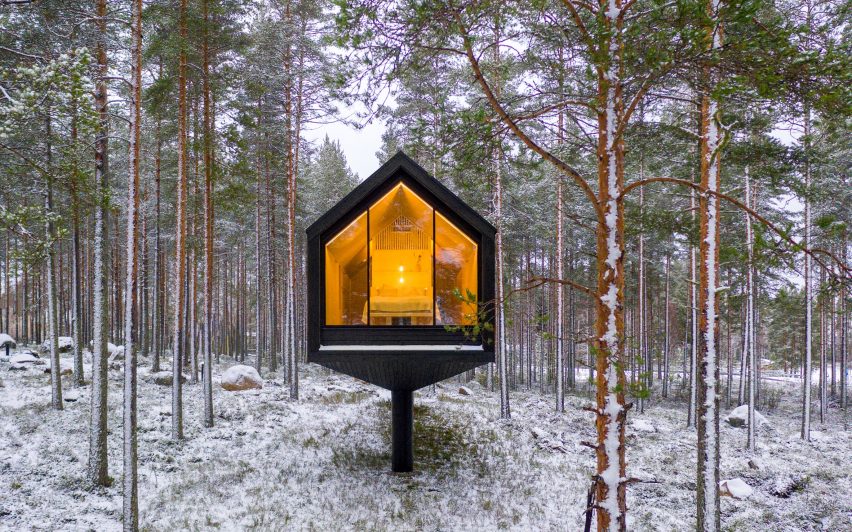 A cabin perched on a single column