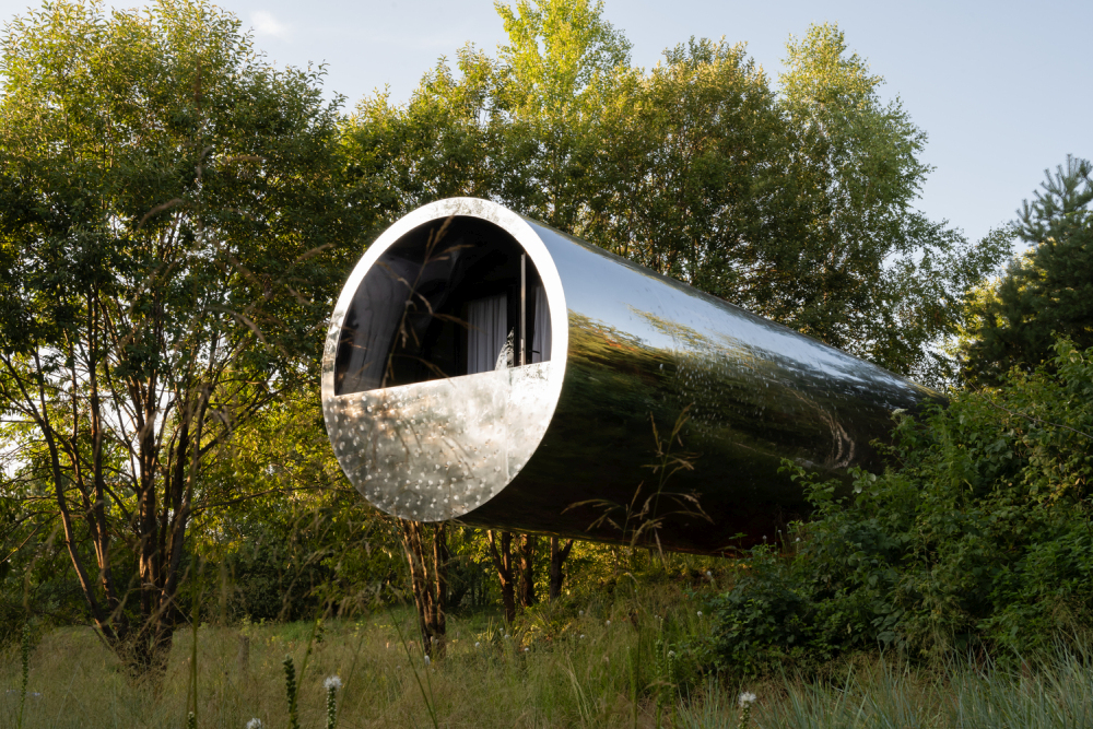 A getaway cabin that looks like a giant metal tube