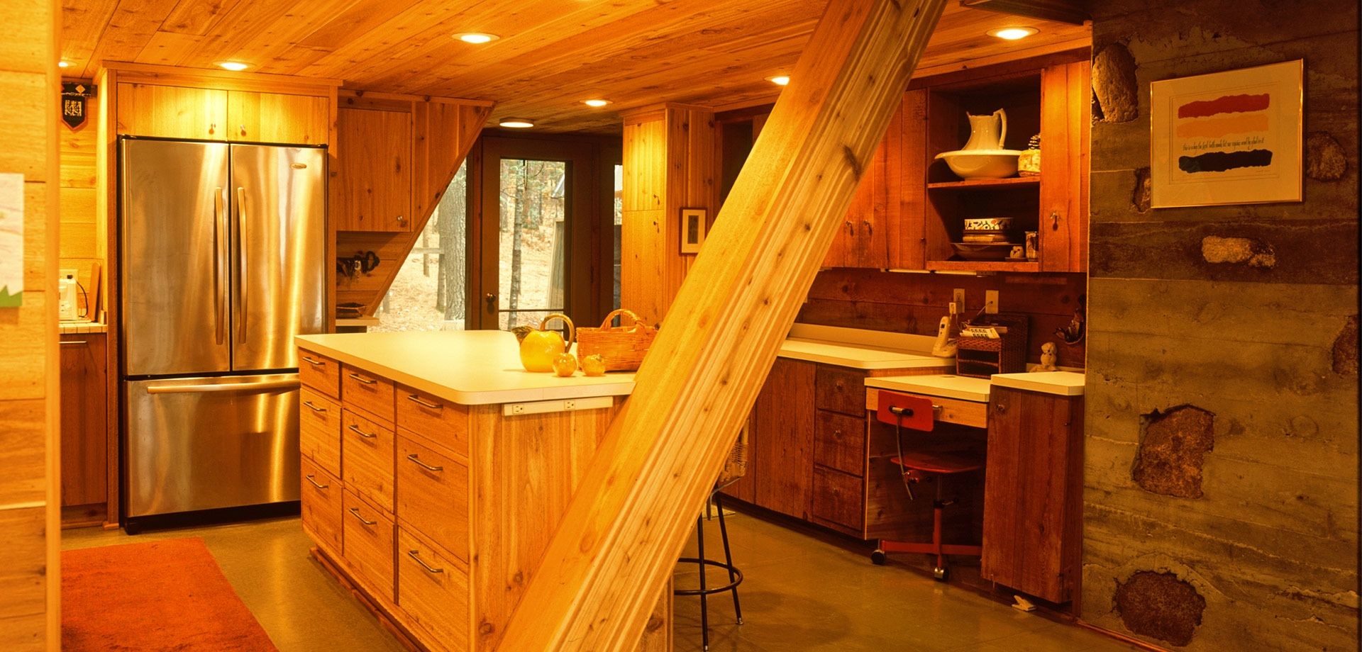 A frame cabin indoor beams