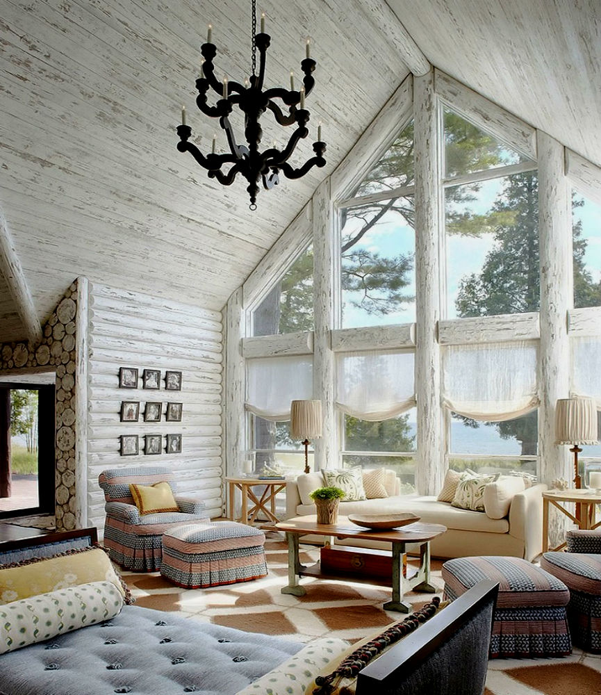 A frame cabin white washed walls