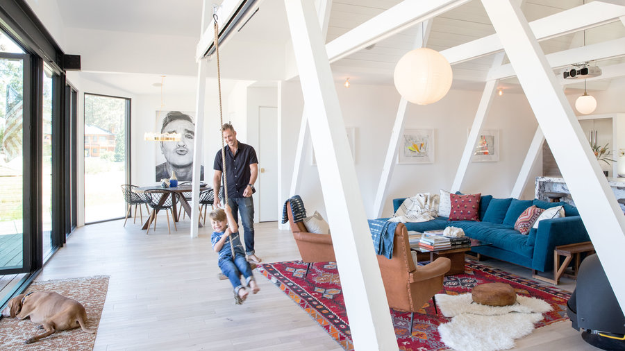 A frame indoors hanging swing