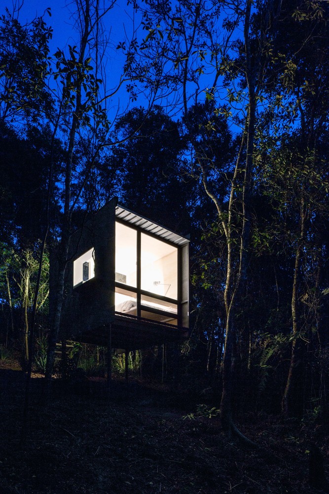 A modern chalet among the tree canopies night