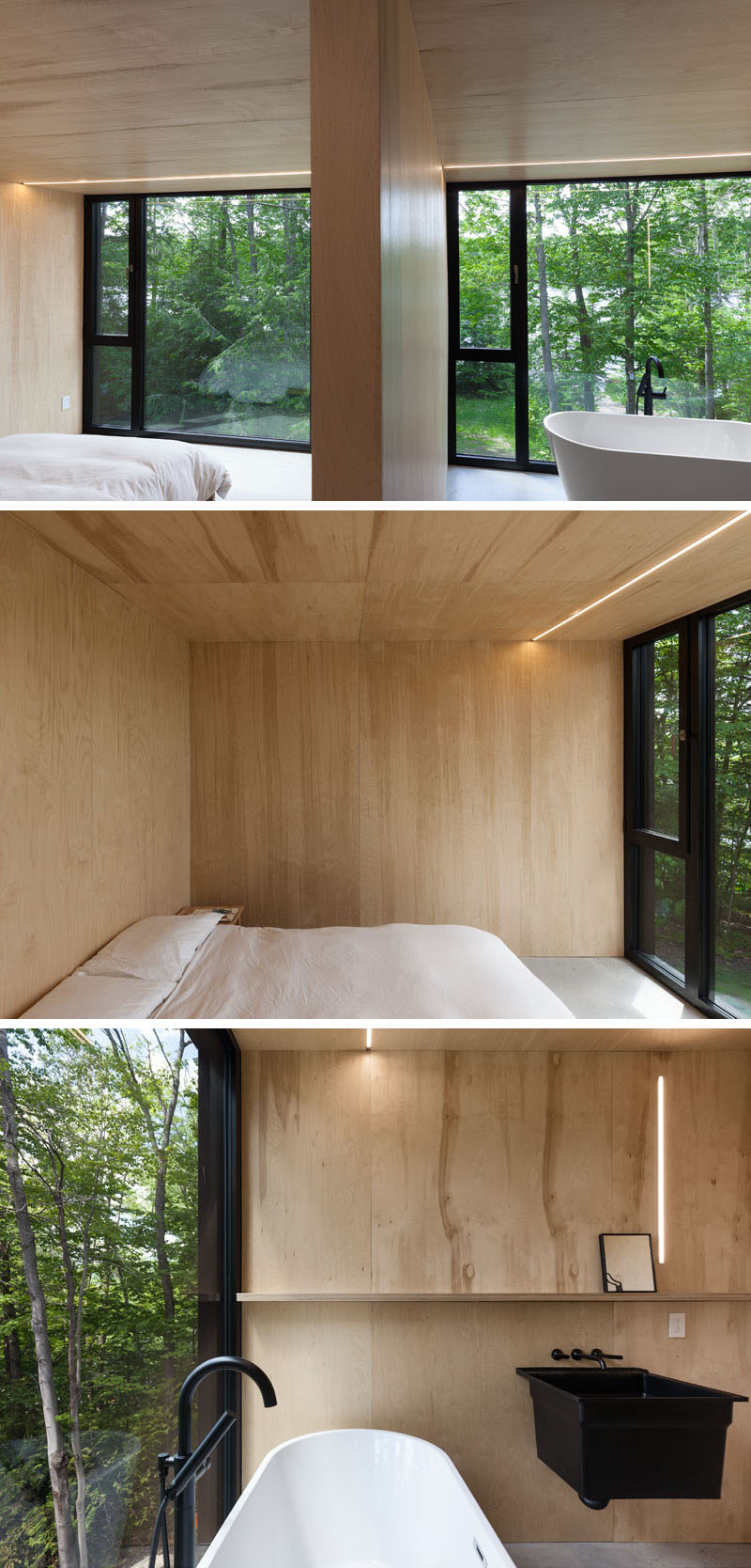 A modern forest cabin with a black exterior bathroom