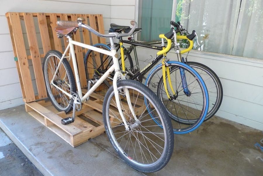 A wooden pallet bike rack