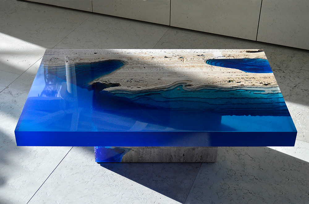 Amazing Lagoon table Travertine Marble and Resin