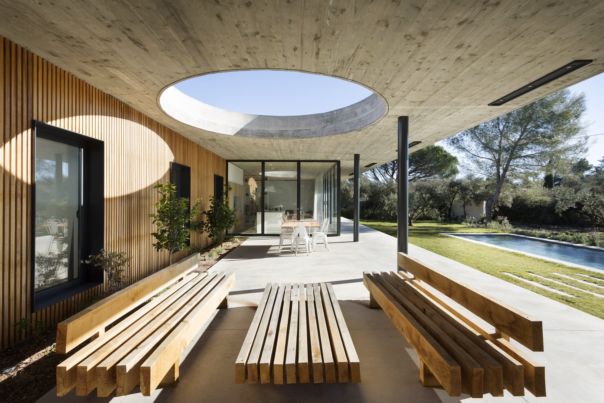 wood benches with skylight