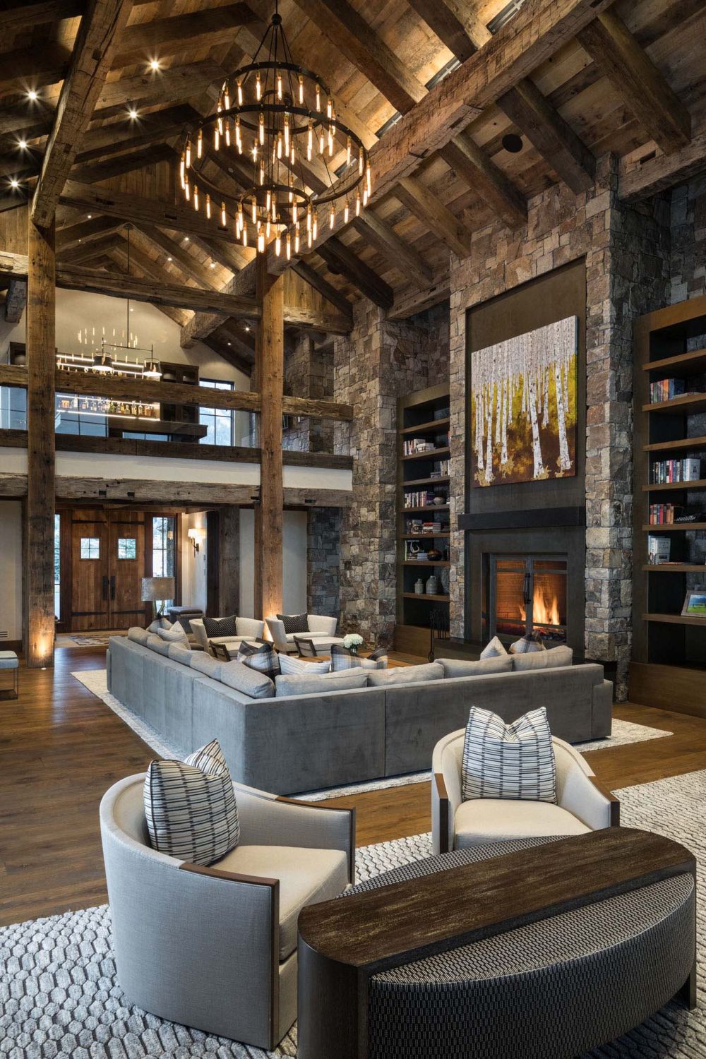 Amazing rustic interior deisgn living room with tall walls