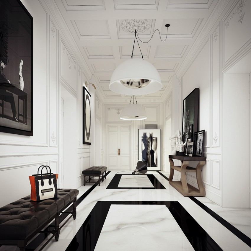 Apartment with a large foyer - black and white accents