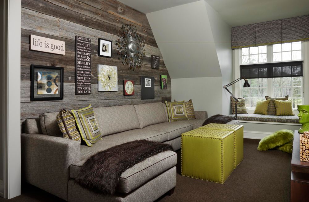 Attic room with green accent and shiplap wall