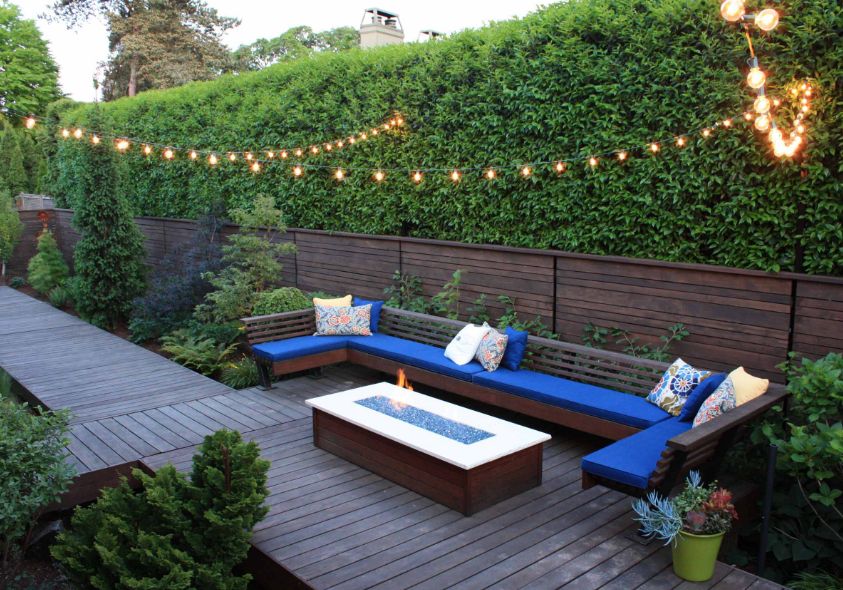 Backyard deck with string lights