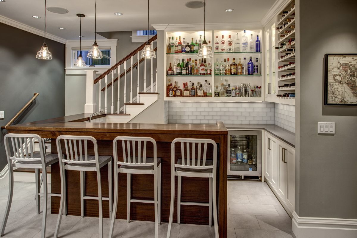 Basement bar counter open shelving