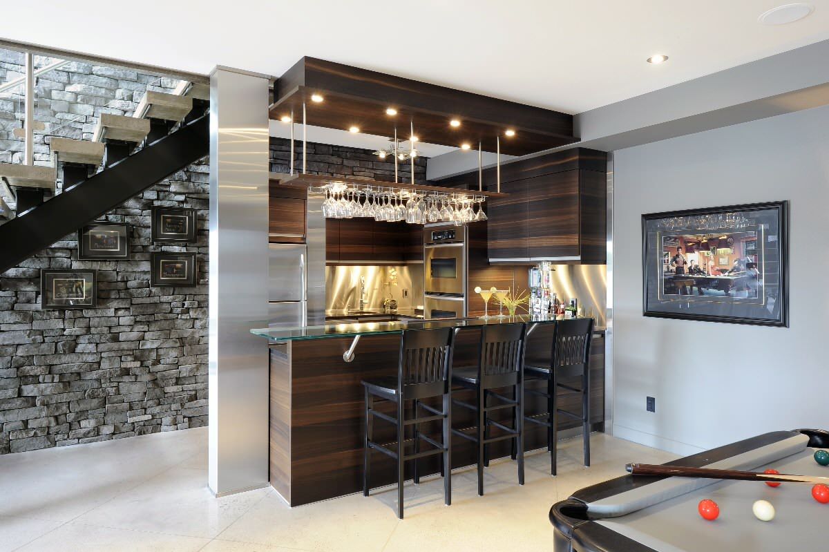 Basement bar kitchenette hanging glassware