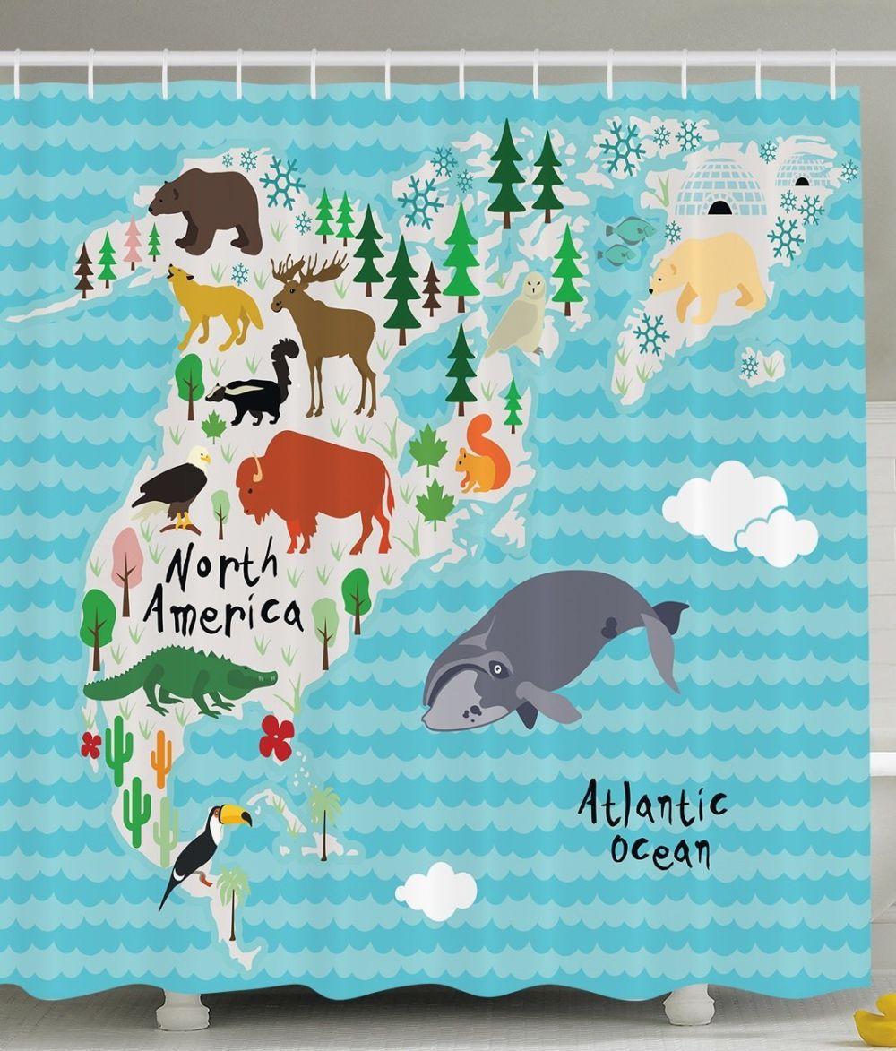 Bathroom Decor for Kids by Ambesonne, Map With Animals Cute Fun Educational Art Chevron