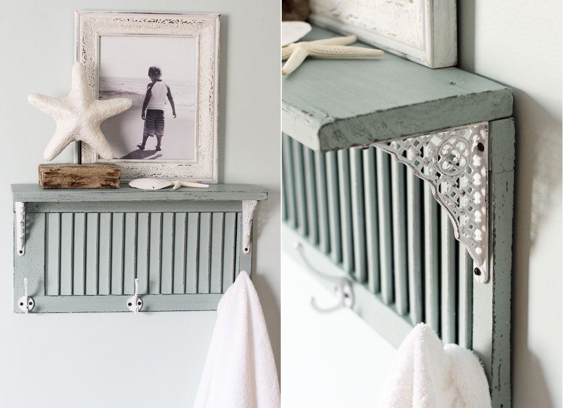 Bathroom shelf and towel holder from wooden shutter