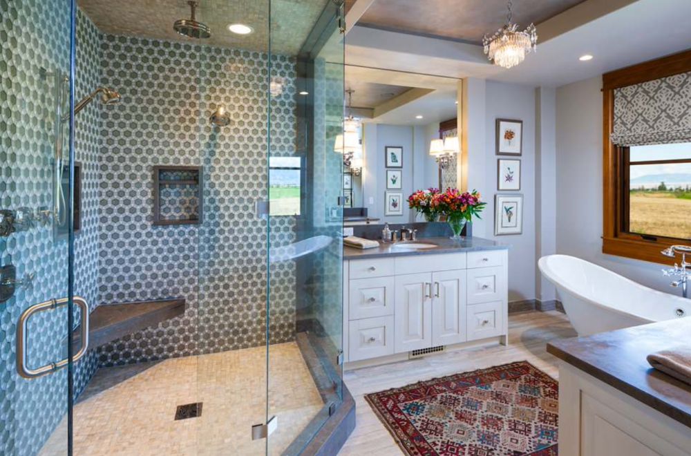 Bathroom with freestanding tub and corner shower