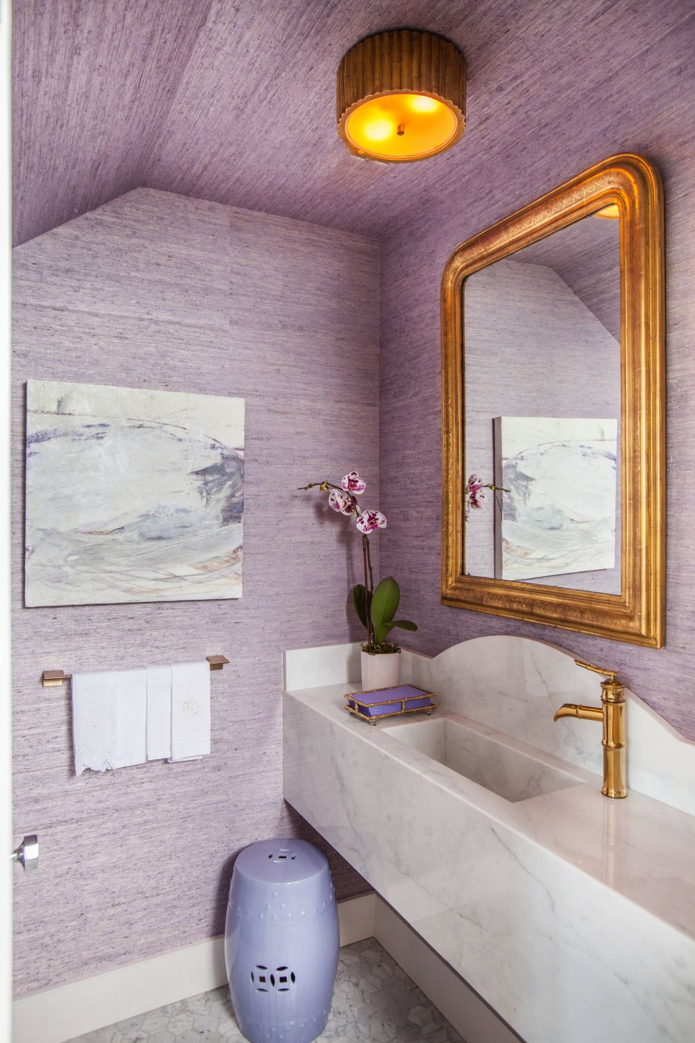 Bathroom with levender bathroom wallpaper