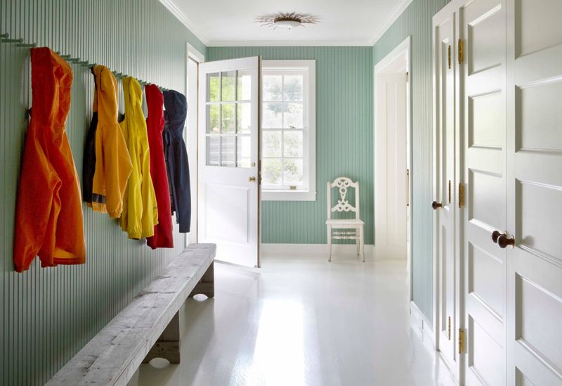 Beadboard turquoise wall mudroom