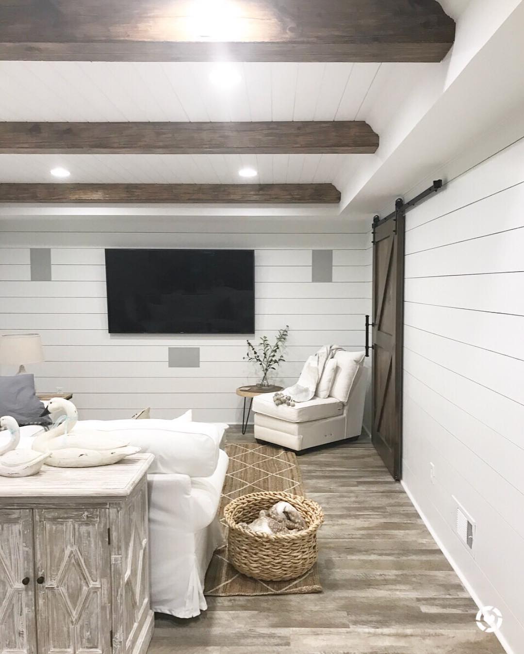 Beadboard white walls basement