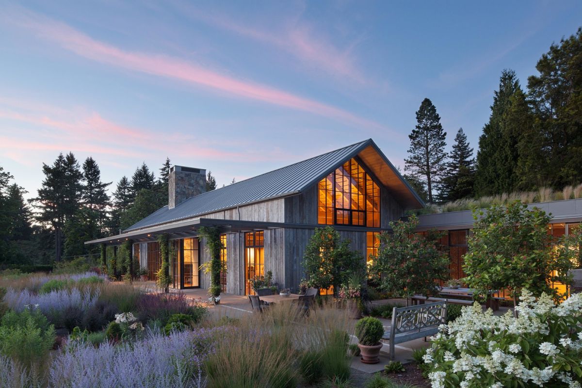 At dusk, the interior glow only enhances the beauty of the home.